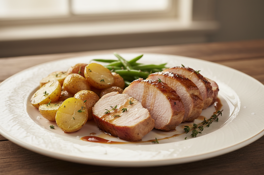 Rôti de porc au miel, pommes de terre grenaille et haricots verts