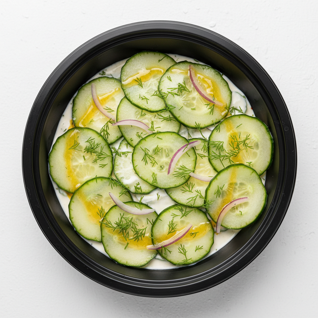Salade de concombre en rondelles fines en saladier noir