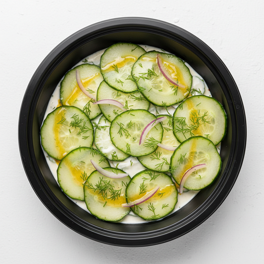 Salade de concombre en rondelles fines en saladier noir